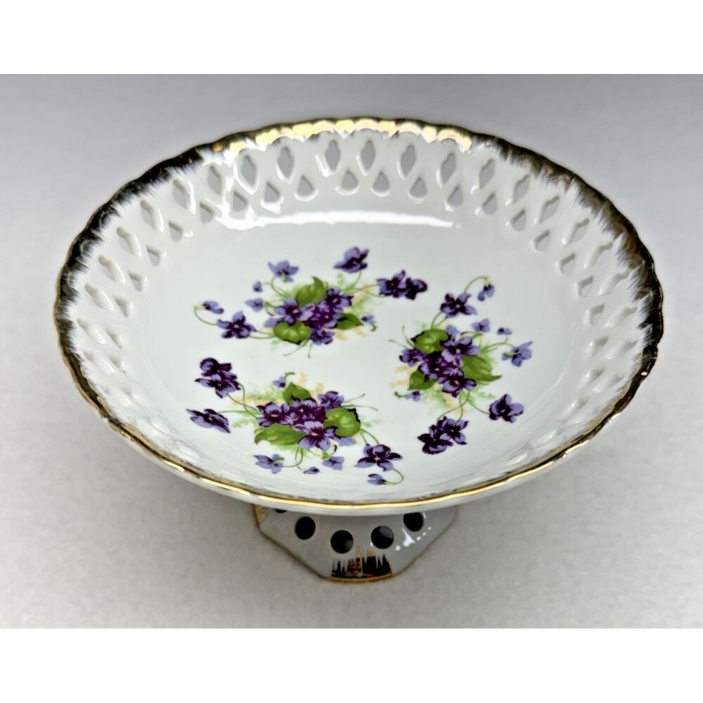 Lefton China Reticulated Pedestal Compote Bowl Violets Gold Trim Japan Vintage